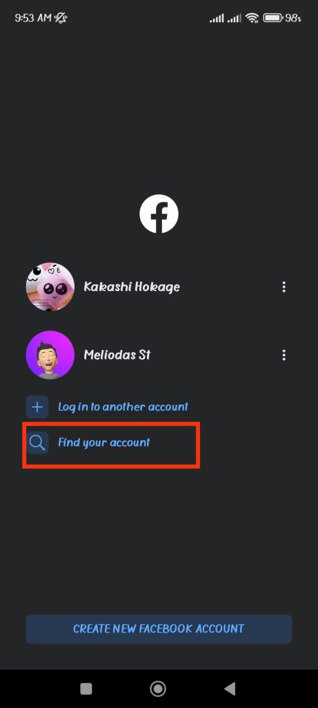 tap find your account to reset it on FB
