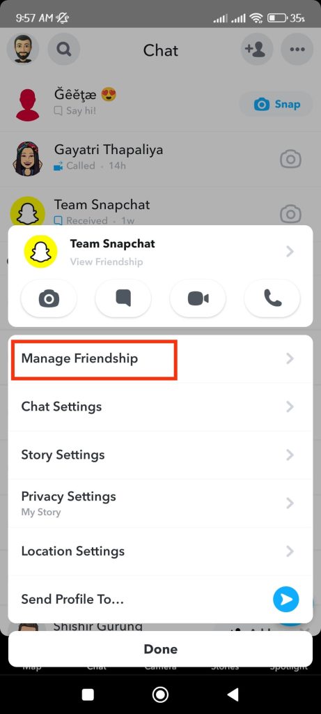 manage friendship on Snap account