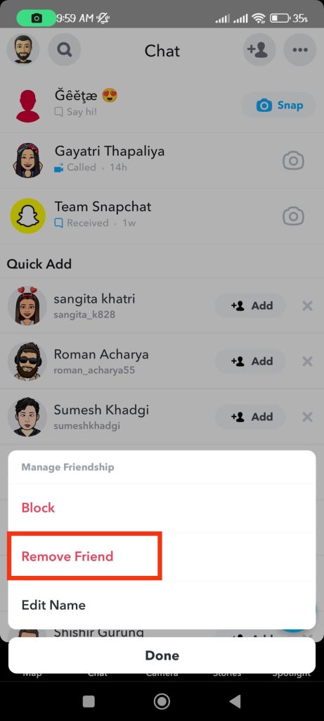 remove friend from Snap account