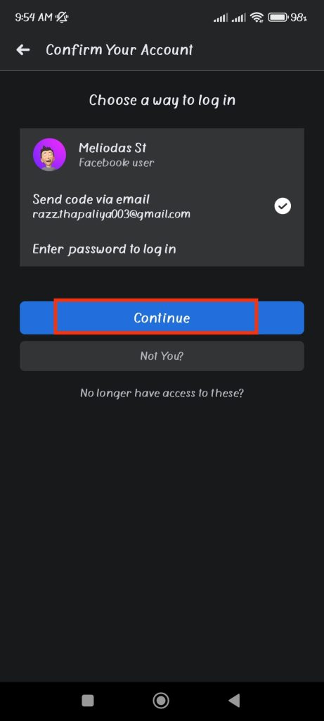 request reset code on email on FB