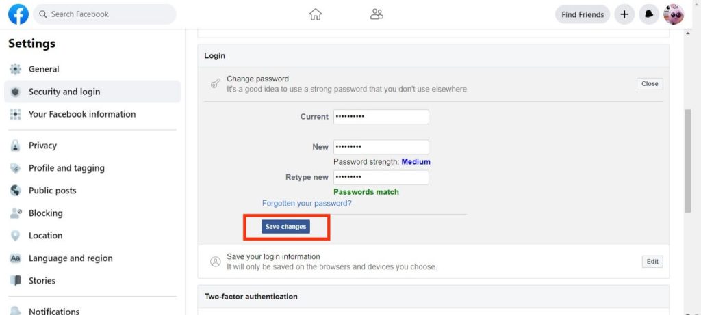save new password on FB