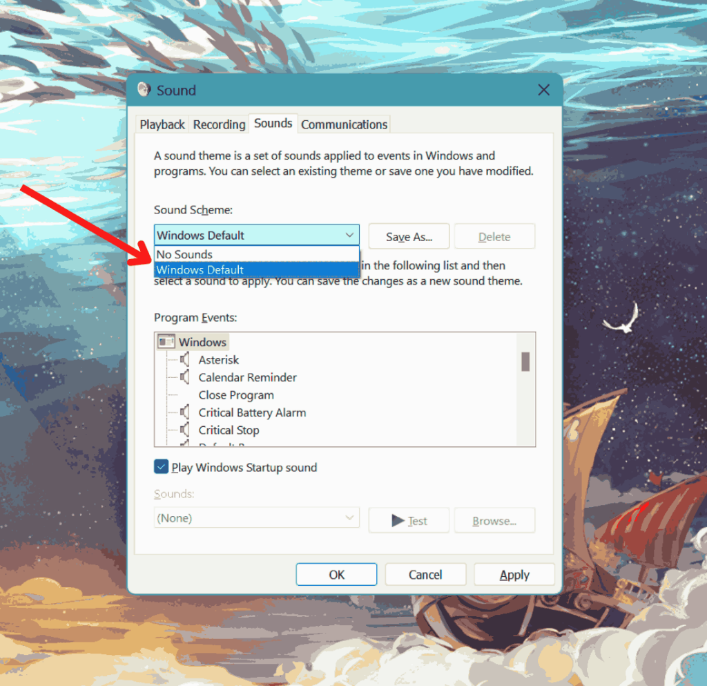 select Windows Default from the Sound Scheme option in the Sound box by clicking on the downward-pointing arrow.