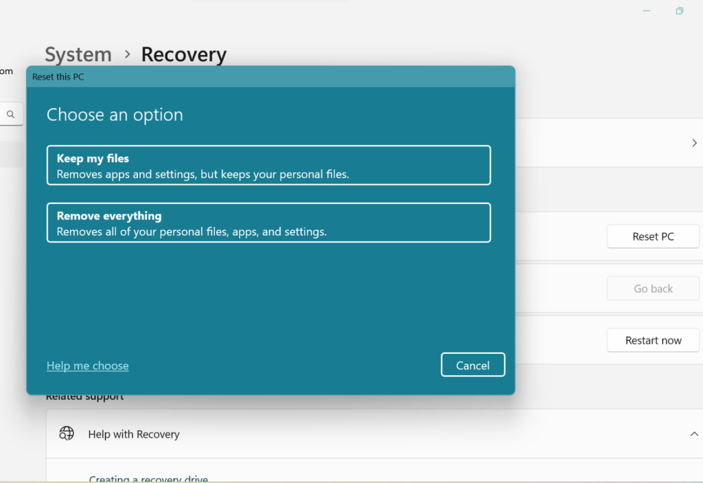 select one of the choices below, then reset your PC by following the on-screen directions.