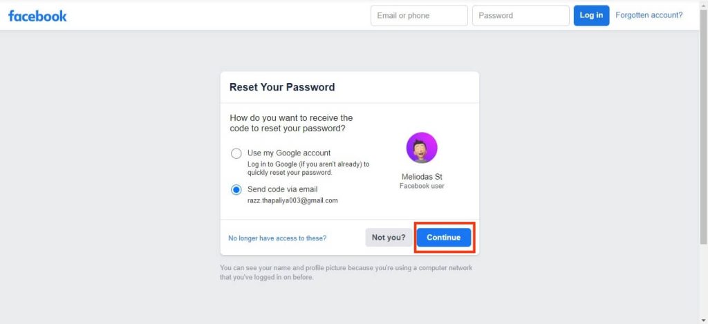 send code via email from FB to change password