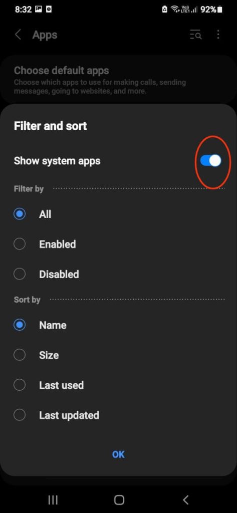 turn on show system apps 