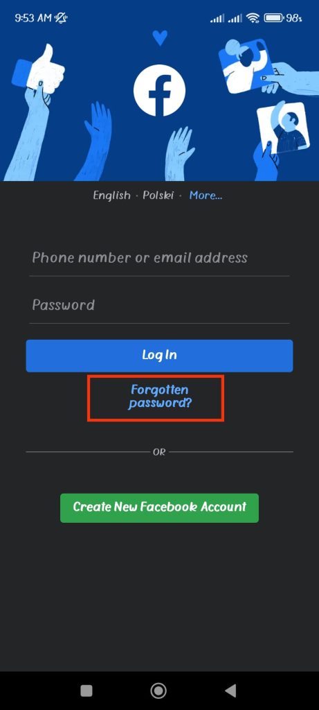 tap forgotten password to reset it on FB