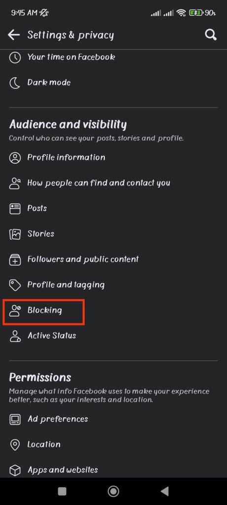 tap blocking option on FB