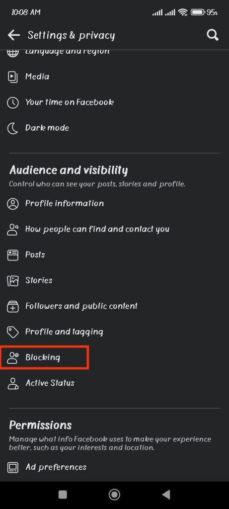 tap "blocking" option on Facebook