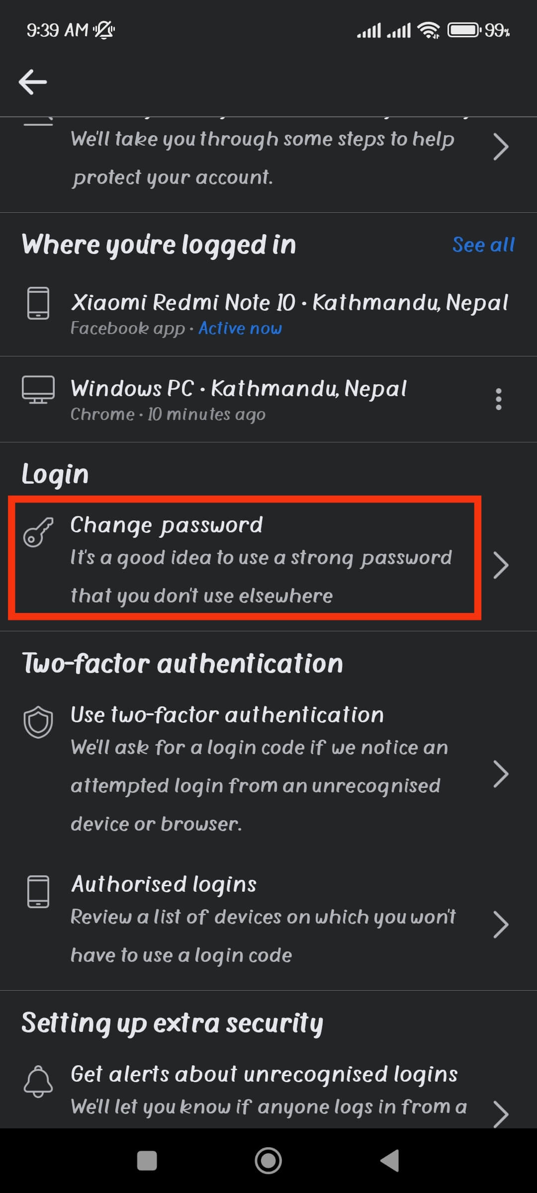 Tap Change Password On FB 