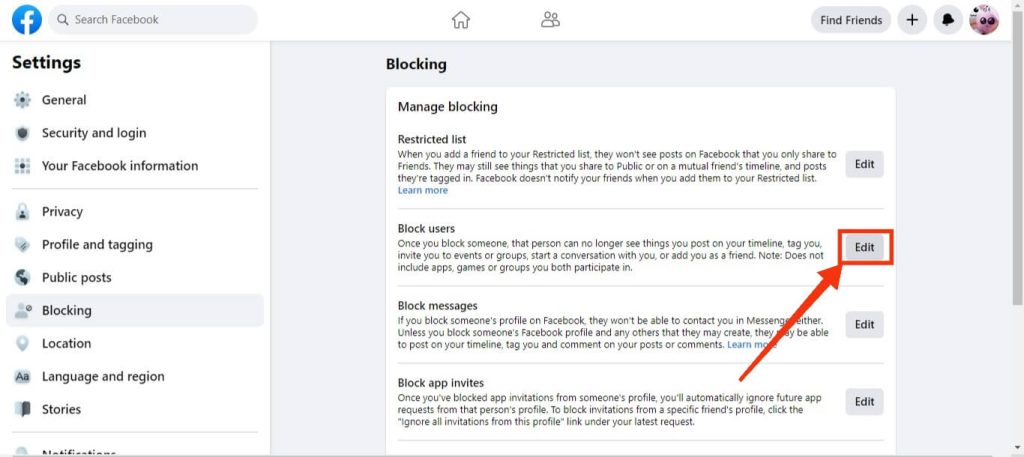hit "edit" next to block users on FB