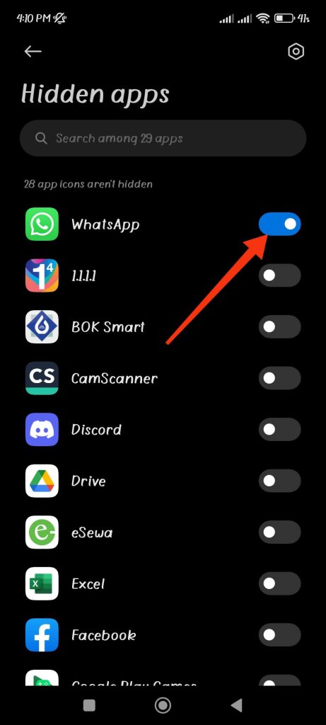 turn the toggle on to hide application