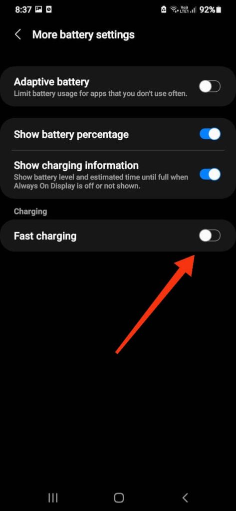 Turn off fast charging to solve moisture detected error on Samsung