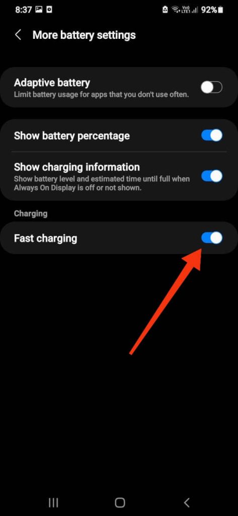 Turn off fast charging on Samsung