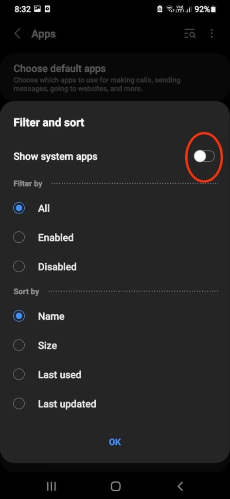 turn on show system apps 