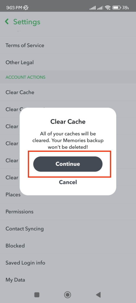 Clear cache to remove pending error on Snapchat