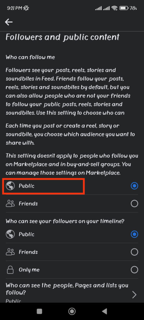 Change to Public option to turn Facebook friends to followers
