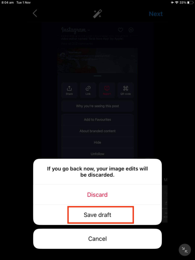Save draft on Instagram