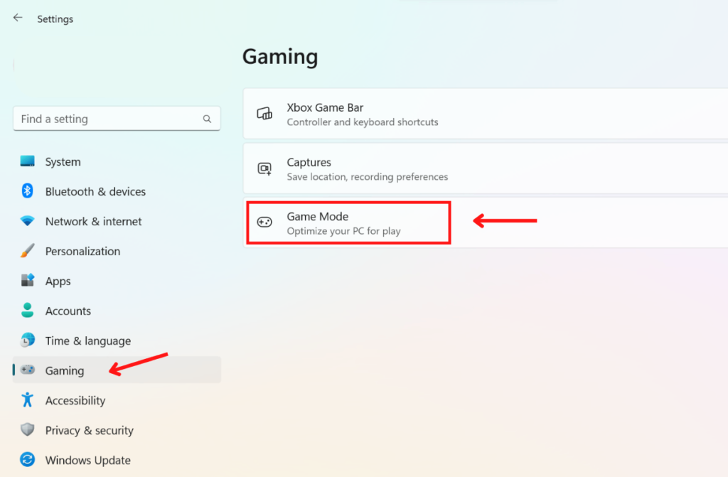 navigate to Gaming option. You can find this option on the left option pannel