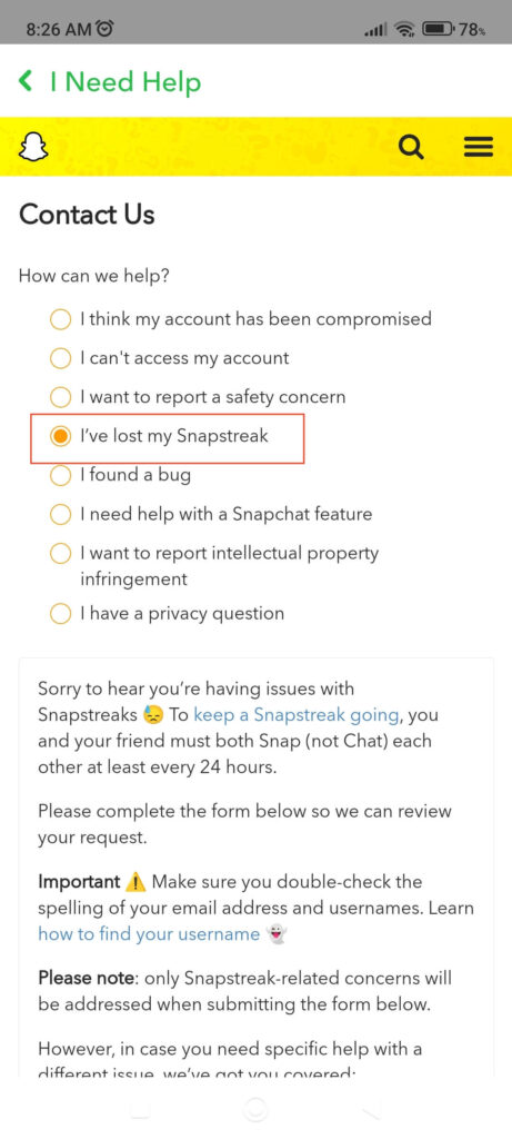 Report for lost Snapchat Streak