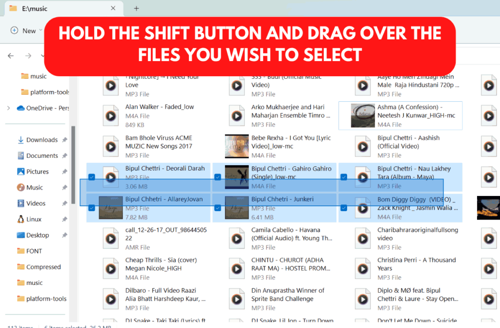 Using the Shift key and the mouse, select every file in a folder.
