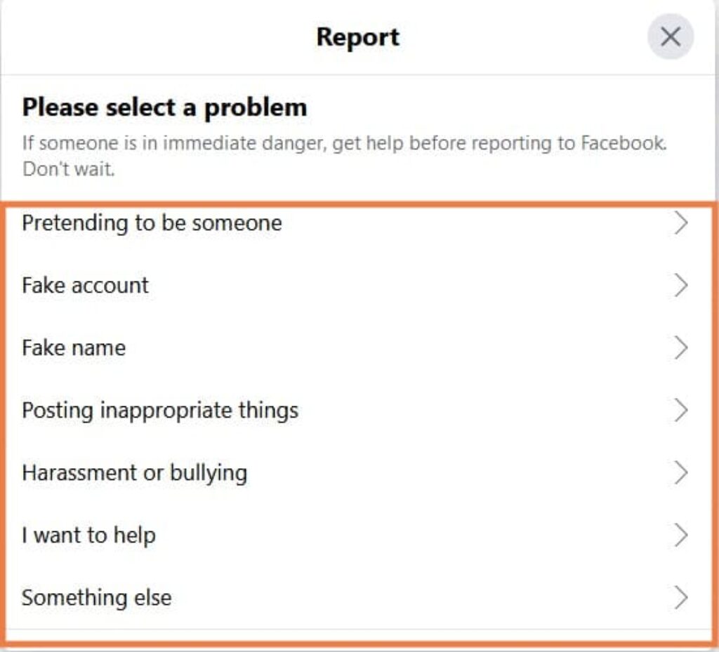 Select reason to report someone on a web browser