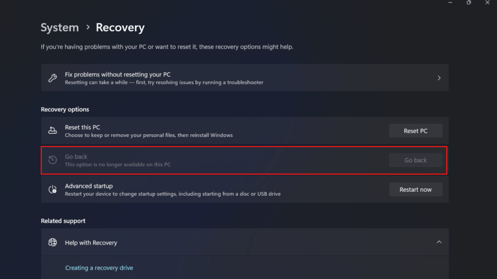 Click the Go back button in the Recovery Options section.