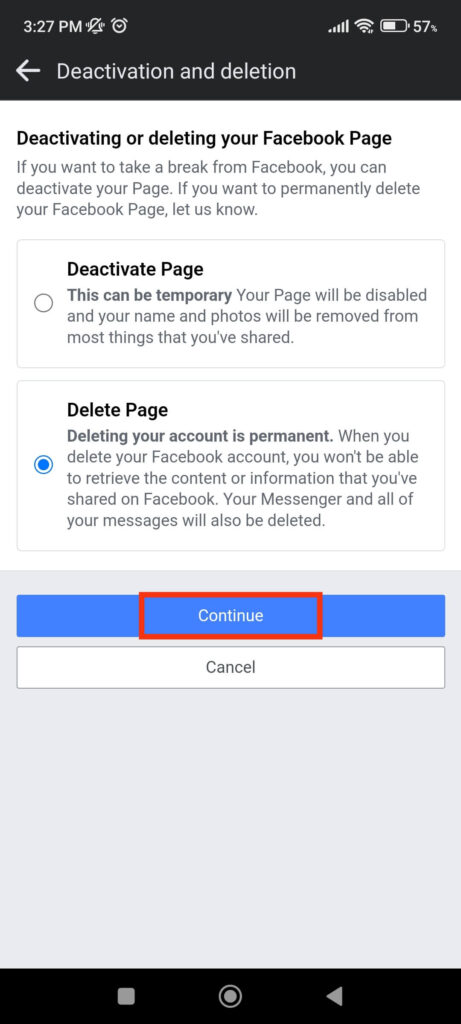 Delete Facebook business page