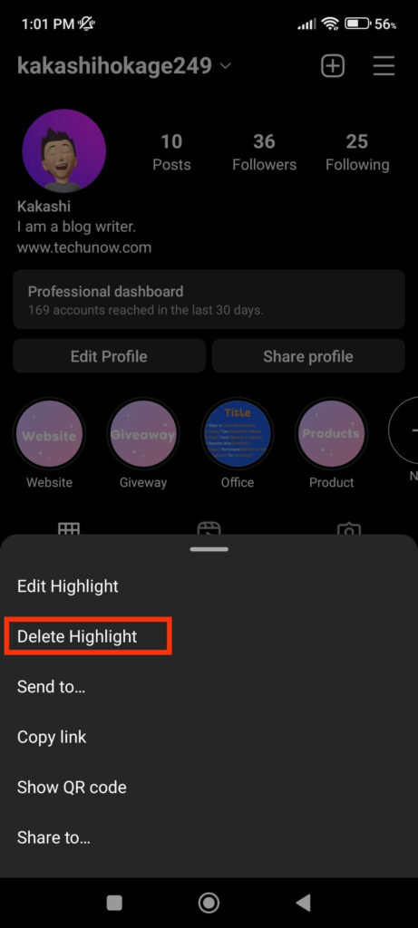 Delete Instagram highlights 