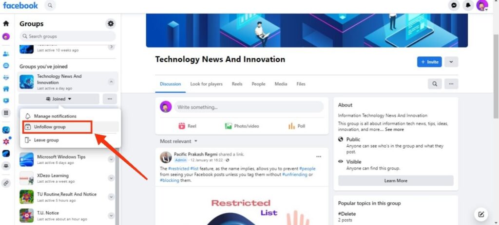 Unfollow group on Facebook