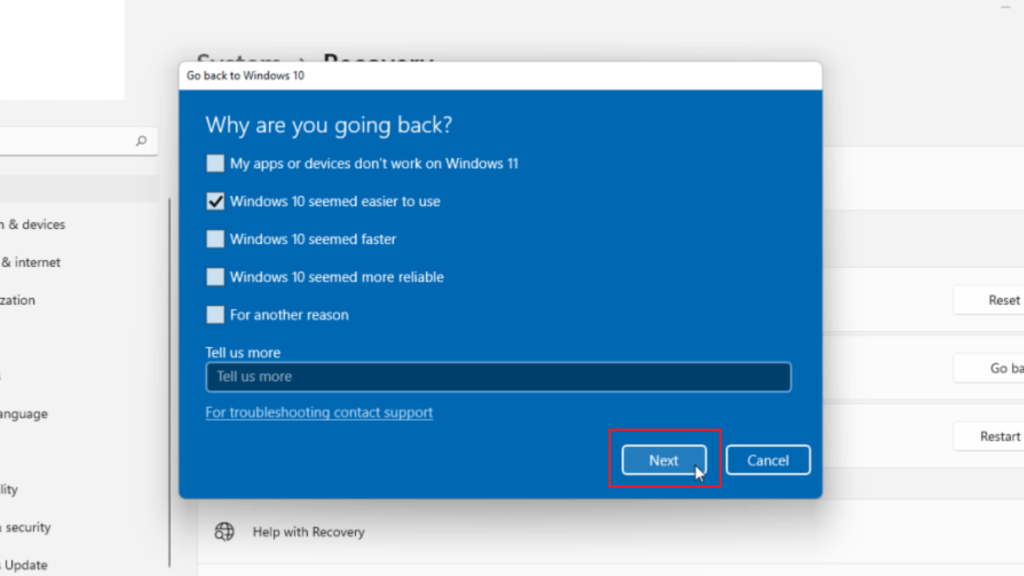 choose the reason for Windows 11 uninstallation