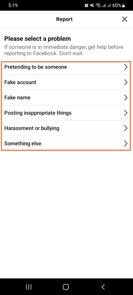 Select reason to report on fb app
