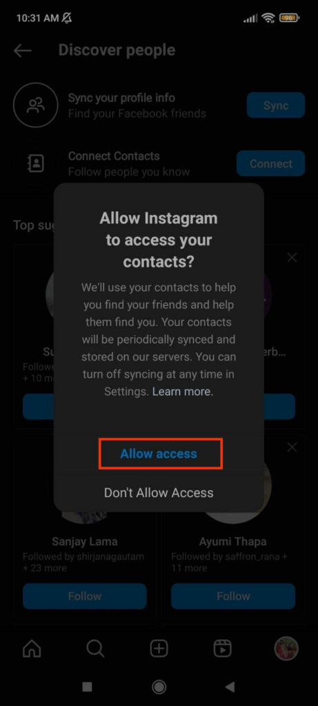 Allow contact access to Instagram 