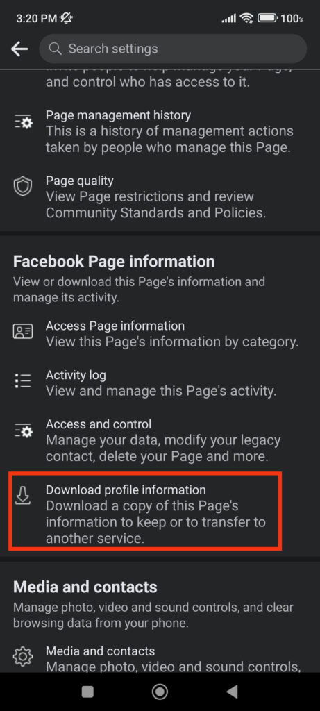 Download profile information of Facebook Page