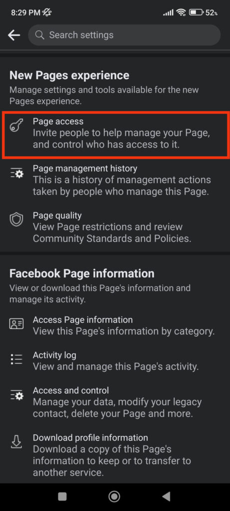 Facebook Page Access Page 