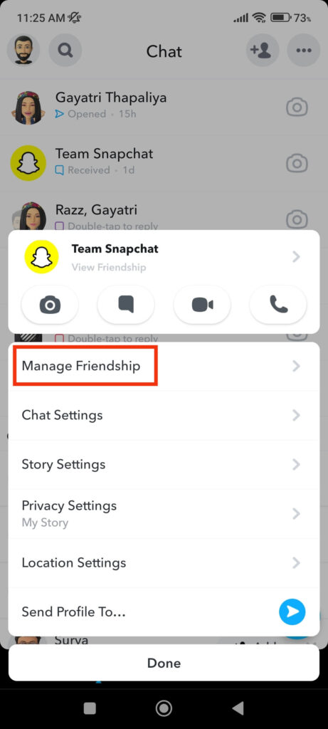 Manage friendship on Snapchat