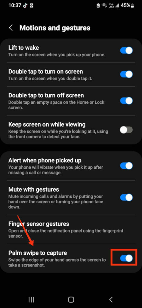 Palm swipe to screenshot on Samsung
