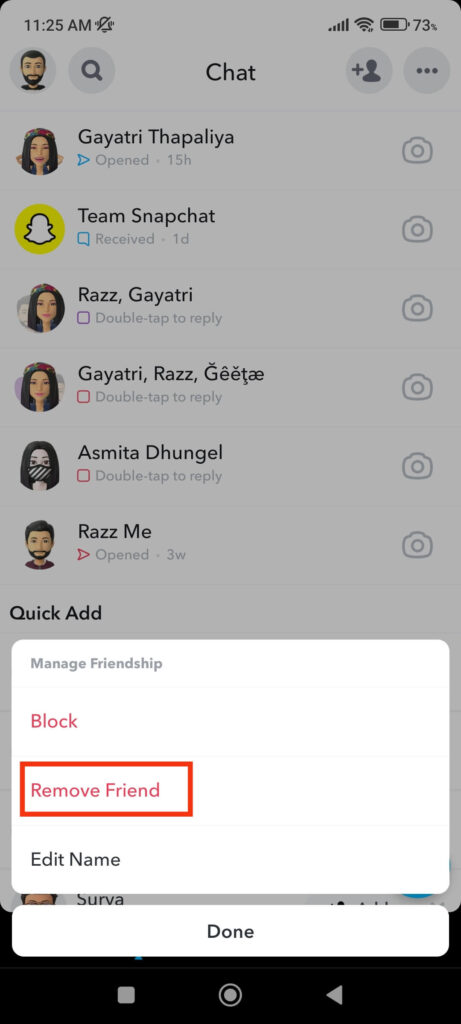 Remove friend on Snapchat