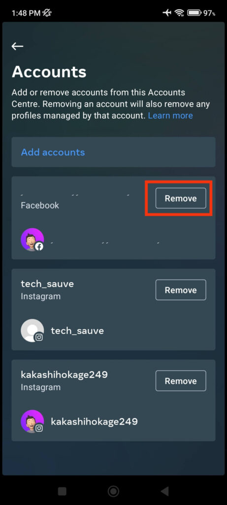 Remove/Unlink a FB or Instagram account 