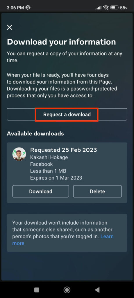 Request a download to Facebook