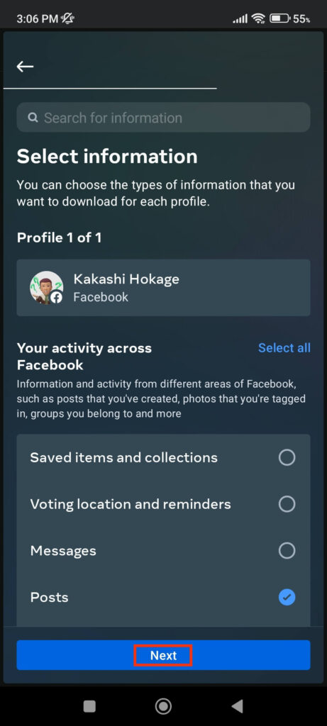 Choose Posts to download photos on Facebook