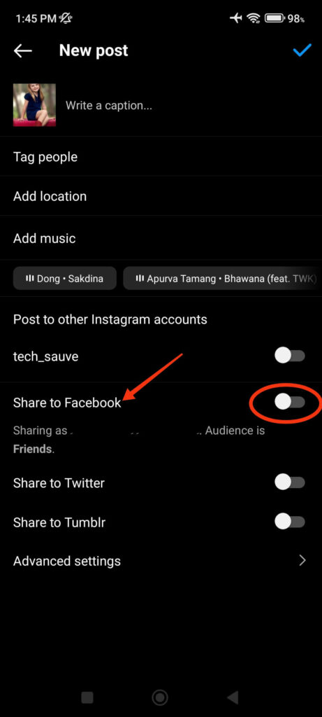 Disable sharing Instagram post to Facebook 