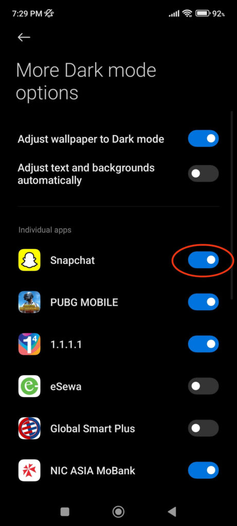 Enable dark mode on Snapchat app