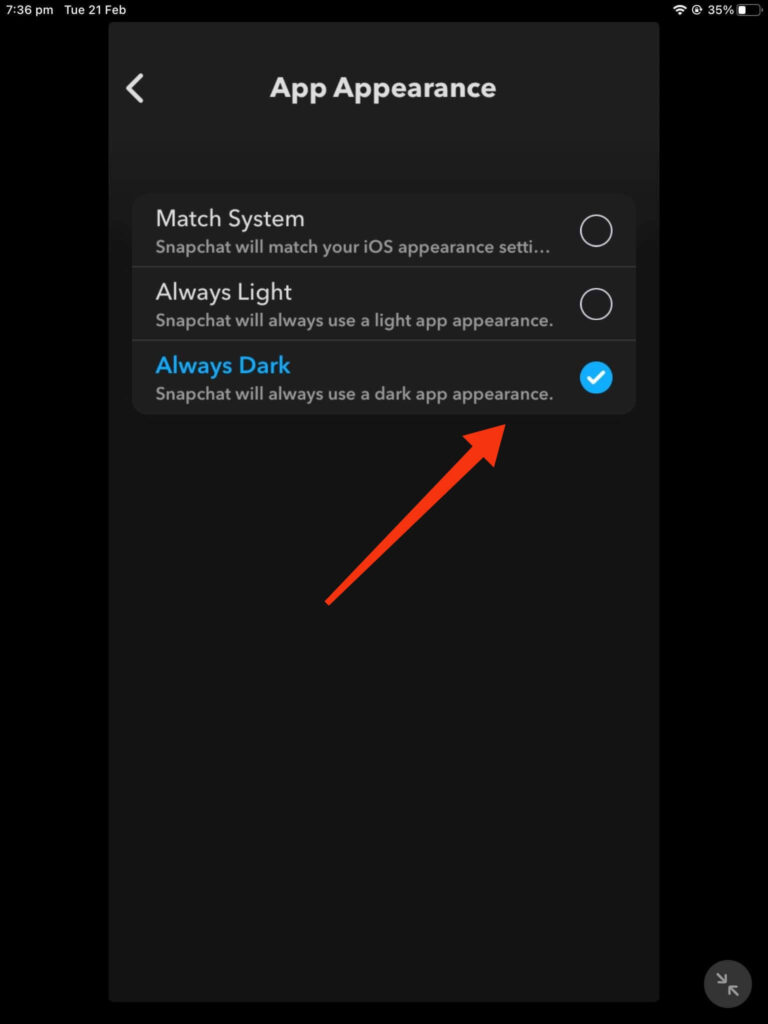 Turn on dark mode on Snapchat iOS