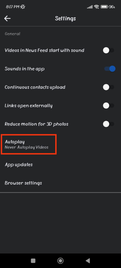 Autoplay Videos settings on FB 