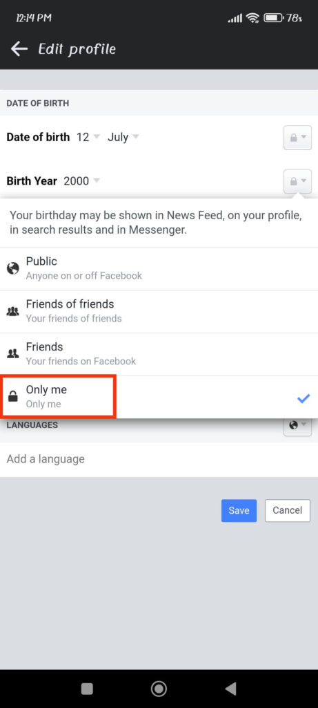 Hide birthday on Facebook