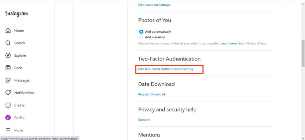 Edit two factor authentication settings