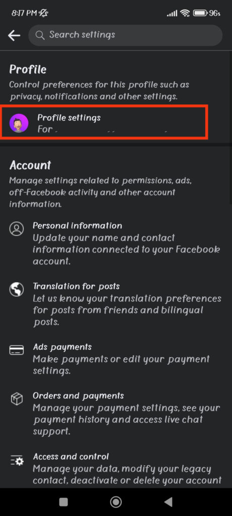 Facebook Profile settings
