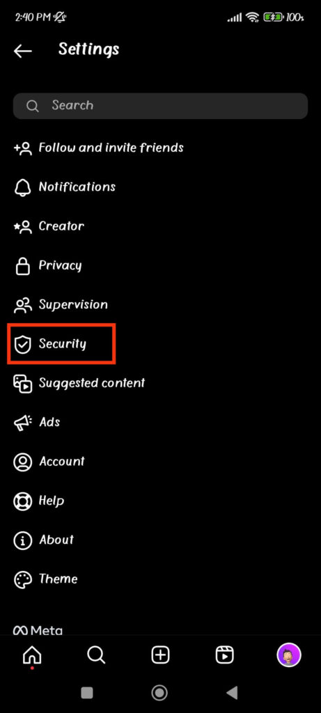 Instagram Security settings