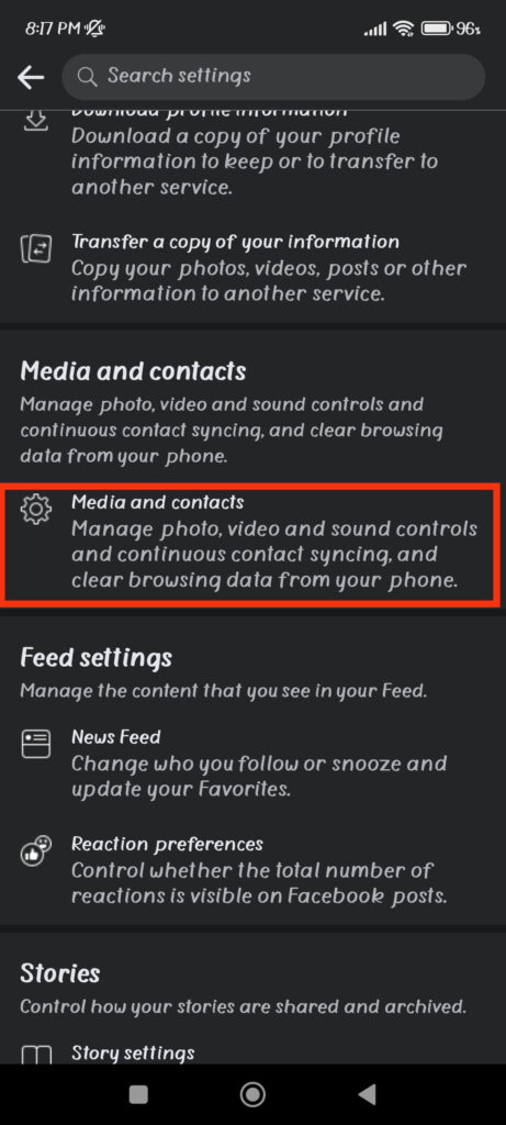 Media and contacts settings