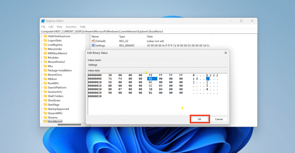 Edit registry to move taskbar to top Windows 11